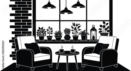 Black and white living room interior design with plants and chairs