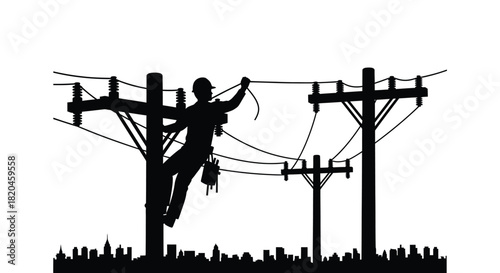 Lineman working on power lines above city skyline silhouette scene