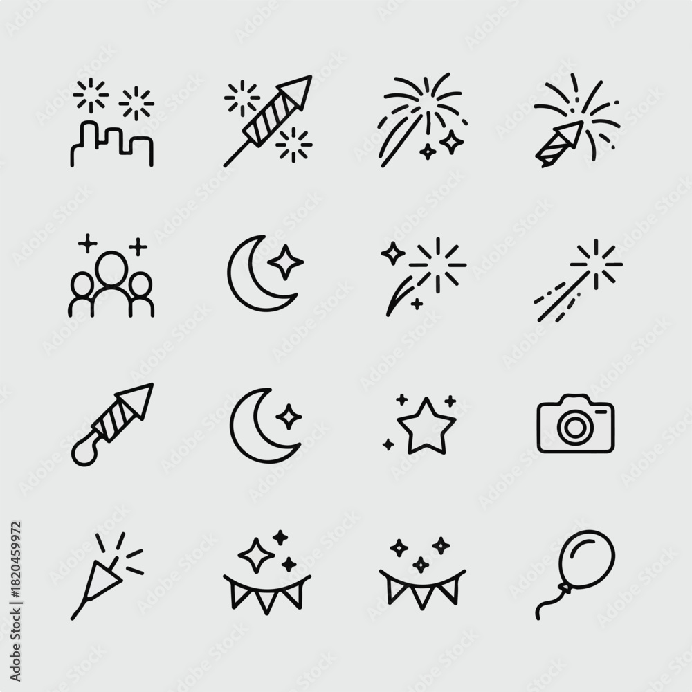 Fototapeta premium Minimalist Monoline Celebration & Fireworks Outline Icon Set