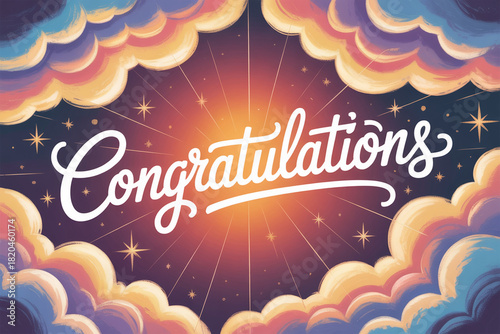 Send your heartfelt congratulations with this dreamy design featuring a hand-lettered message against a starry sky and whimsical clouds, perfect for any celebration