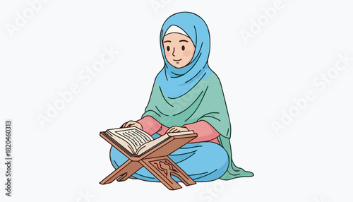 A young woman wearing a hijab sits cross-legged and reads the Quran from a wooden stand.