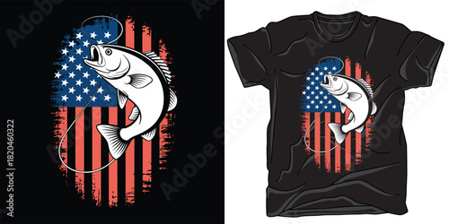 Patriotic fishing design with bass and distressed usa flag