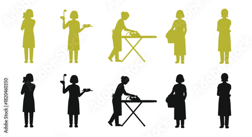 Cartoon housewife doing chores, illustration of woman in apron tasks