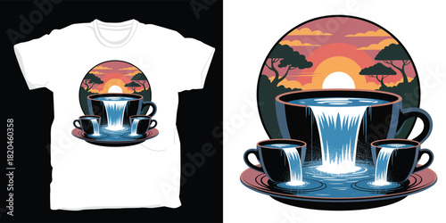 Creative coffee cups waterfall with vibrant sunset background