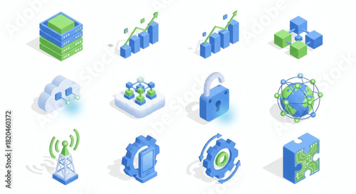 Essential isometric icon collection for digital technology, data analytics, cloud computing, network infrastructure, and cybersecurity concepts.