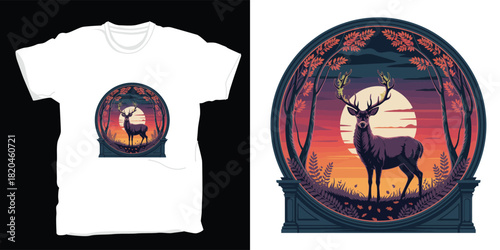 Pixel art deer in a magical forest with a vibrant sunset