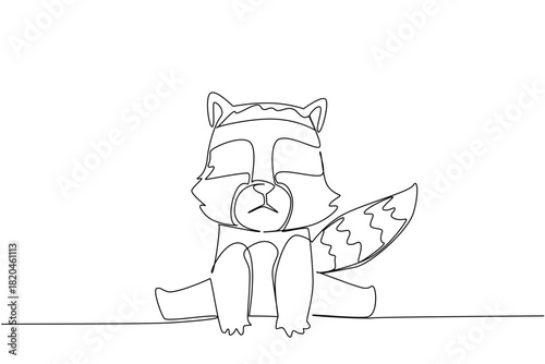 Single line draw of cute baby raccoon sitting with face mask markings and a wavy ringed tail, a woodland concept for cute wild animals cartoon sitting, ideal for nursery posters, stickers, kids room