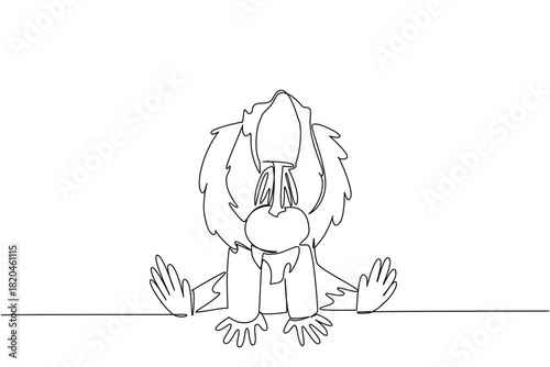 Single line draw of cute baby mandrill sitting with fluffy mane and gentle hands, a wildlife concept for cute wild animals cartoon sitting, ideal for nursery posters, stickers, and playful kids brand