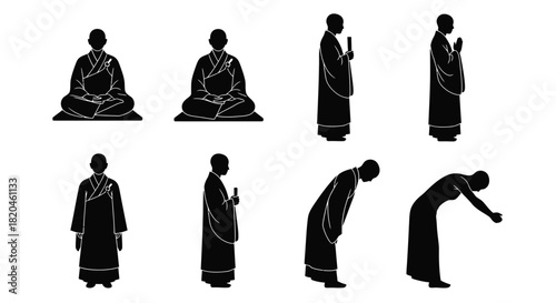 Zen monk silhouettes performing rituals in meditation and reverence