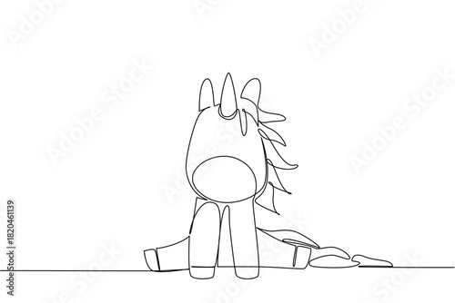 Single line drawing of a cute baby unicorn sitting with small horn and flowing mane, a fantasy concept themed for cute wild animals cartoon sitting, ideal for nursery posters, stickers, and kids brand