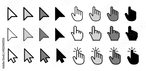 Cursor mouse collection vector set featuring various pointer icons, clicks, arrows, and interaction symbols for UI design, app mockups, web interfaces, and digital projects.