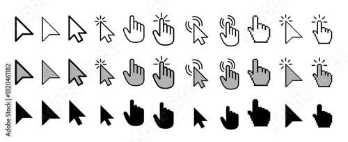 Cursor mouse collection vector set featuring various pointer icons, clicks, arrows, and interaction symbols for UI design, app mockups, web interfaces, and digital projects.