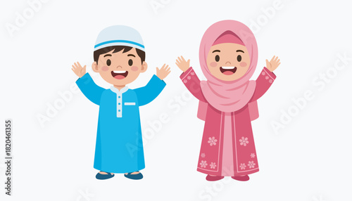 Cartoon illustration of a smiling Muslim boy in a blue thobe and kufi, and a girl in a pink hijab and dress, both raising their hands.