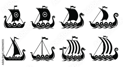 Viking ship vector set silhouette drakkar boat illustration design