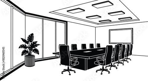 Stylish monochrome conference room with board table and plant decor