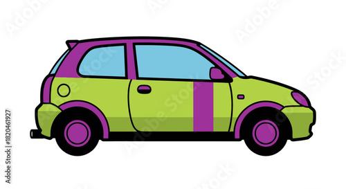 Brightly colored cartoon car with a playful design, ready for adventure.
