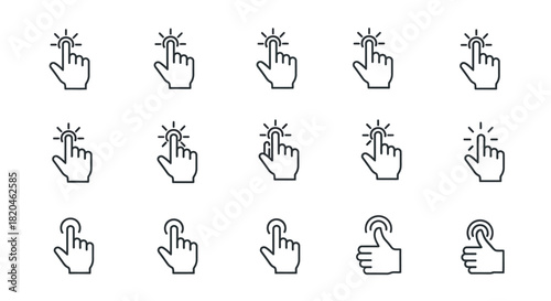 A versatile set of thin line hand pointer icons, including click, tap, and select gestures, ideal for modern user interface and website design elements