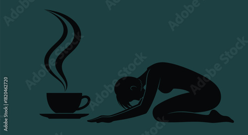 Woman kneeling before coffee cup morning ritual black and white art