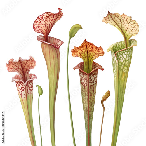 Botanical Illustration of Diverse Carnivorous Pitcher Plants on White on transparent background