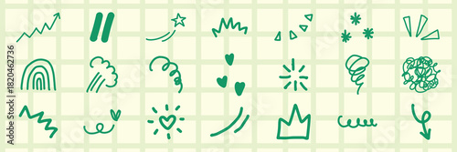 A collection of green doodles on a light grid background. Includes stars, hearts, squiggles, and abstract shapes. Playful doodles, green doodles, creative doodles. Colorful doodle elements, vector set