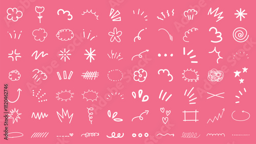 Set of white doodles on pink background. Doodles include arrows, stars, and flowers. Doodles are playful and abstract. Doodles for creative design. White doodle elements, vector set.