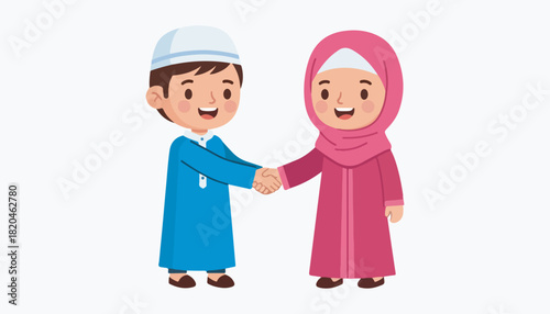 Two cartoon Muslim children, a boy in a blue thobe and a girl in a pink hijab, shaking hands and smiling.