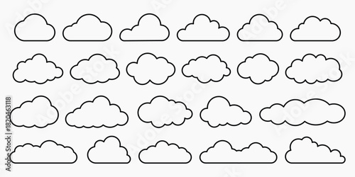 Collection of cloud outlines in various shapes. Cloud shapes in rows. Simple cloud designs. Cloud outlines for design. Cloud patterns in black and white. Weather illustration, vector set.