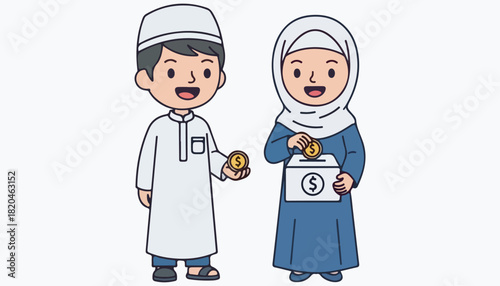 Cartoon figures of a Muslim couple donating money to a charity box.