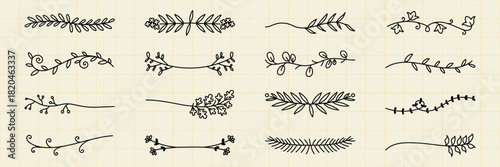Vector set. Set of 16 hand-drawn floral dividers, featuring delicate branches and leaves. Perfect for decorative borders, floral designs, and nature-themed projects. Hand drawn ornament vector set.
