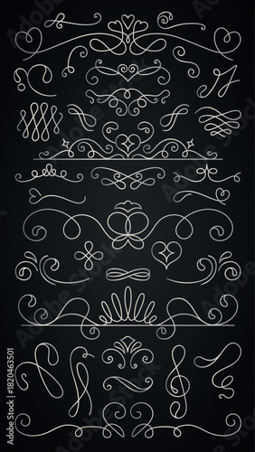 Elegant flourishes and swirls on a dark background. Decorative flourishes, ornate swirls, and intricate designs create a vintage, artistic look. Flourishes and swirls add charm. Hand drawn ornament ve