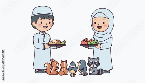 Cartoon illustration of a Muslim boy and girl offering food to a group of animals, including a squirrel, birds, and a raccoon.