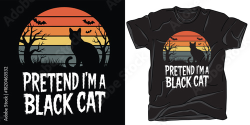 Retro sunset black cat halloween costume tshirt design