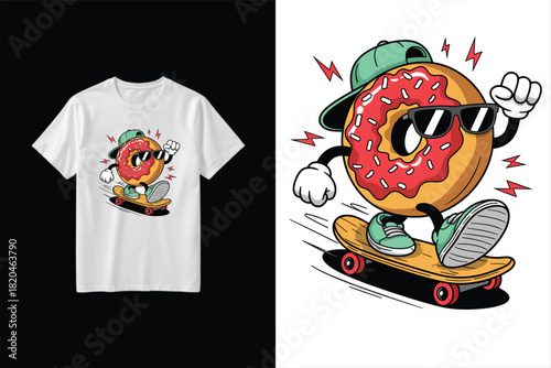 Cool donut character skateboarding with sunglasses and cap