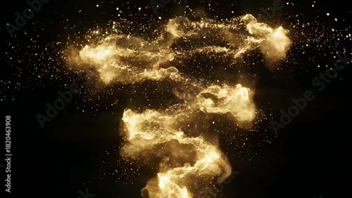 Golden Particle Tornado Swirling and Expanding on Black Background.