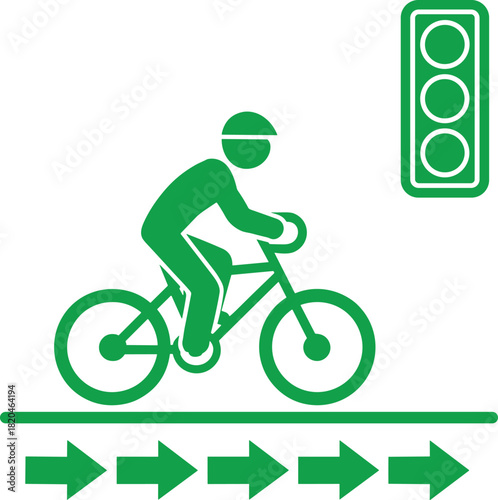 Cyclist riding bike on dedicated lane with arrows and traffic light ahead, urban cycling icon representing bicycle transportation and city traffic flow.