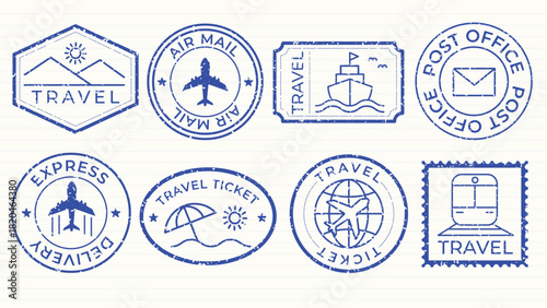 Blue travel stamps with planes, ships, and trains. Travel-themed designs for air mail, express delivery, and travel tickets. Travel icons and symbols. Blue vintage stamps, vector set.