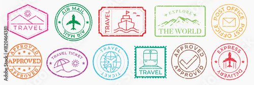 Colorful travel stamps with airplane, ship, and train icons. Travel-themed designs include 'Approved' and 'Explore the World' stamps. Travel, explore, and approved. Colorful travel stamps, vector set.