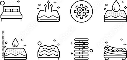 Mattress features and hygiene icon set, vector illustration of breathability, waterproof, bed, latex, orthopedic, and antibacterial sleep product concepts.