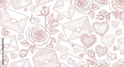 Seamless pattern of hand drawn roses envelopes with hearts and hearts in a romantic sketch style on a white background