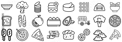 Diverse Food Icons From Broccoli to Pizza and Sushi