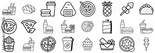Collection of Fast Food and Drink Icons in Black and White