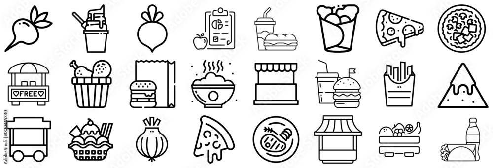 Naklejka premium Collection of Food and Drink Icons Street Food, Fast Food, and Produce