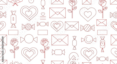 Seamless pattern of red line art hearts roses and candy on a white background perfect for valentine s day