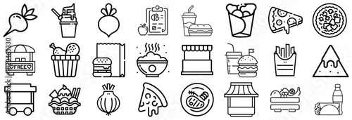 Collection of Food and Drink Icons Street Food, Fast Food, and Produce