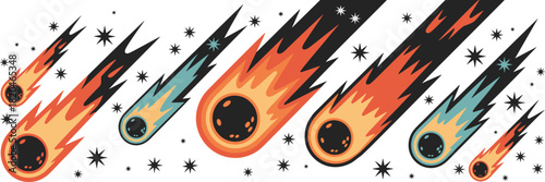 Set of burning comets or meteors flying across starry space, cosmic objects with fiery tail, vector illustration of meteorites, asteroid, and fireball.
