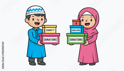 Cartoon illustration of a Muslim boy and girl holding boxes labeled "Donations" and "Charity," symbolizing giving.