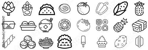 Diverse Collection of Food and Drink Icons in Outline Style