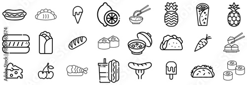 Diverse Collection of Food Icons in Black and White Outline Style