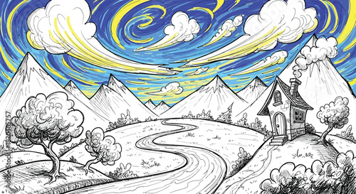 Whimsical hand drawn landscape featuring a winding road leading to a charming cottage nestled among mountains under a vibrant swirling sky