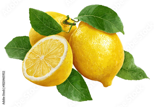 Bright yellow lemons with green leaves on a transparent background